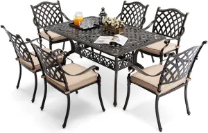 𝗔𝗶𝗹𝗶𝘀𝗺𝗮𝗶𝗹 7 Piece Outdoor Dining Set Cast Aluminum Retro Patio Dining Set for 6 includes 59” Rectangular Table and 6 Chairs with Thicker Cushions and Umbrella Hole for Patio Deck Garden