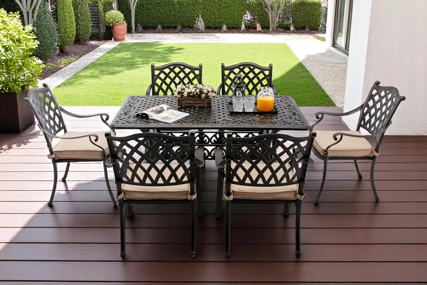 𝗔𝗶𝗹𝗶𝘀𝗺𝗮𝗶𝗹 7 Piece Outdoor Dining Set Cast Aluminum Retro Patio Dining Set for 6 includes 59” Rectangular Table and 6 Chairs with Thicker Cushions and Umbrella Hole for Patio Deck Garden