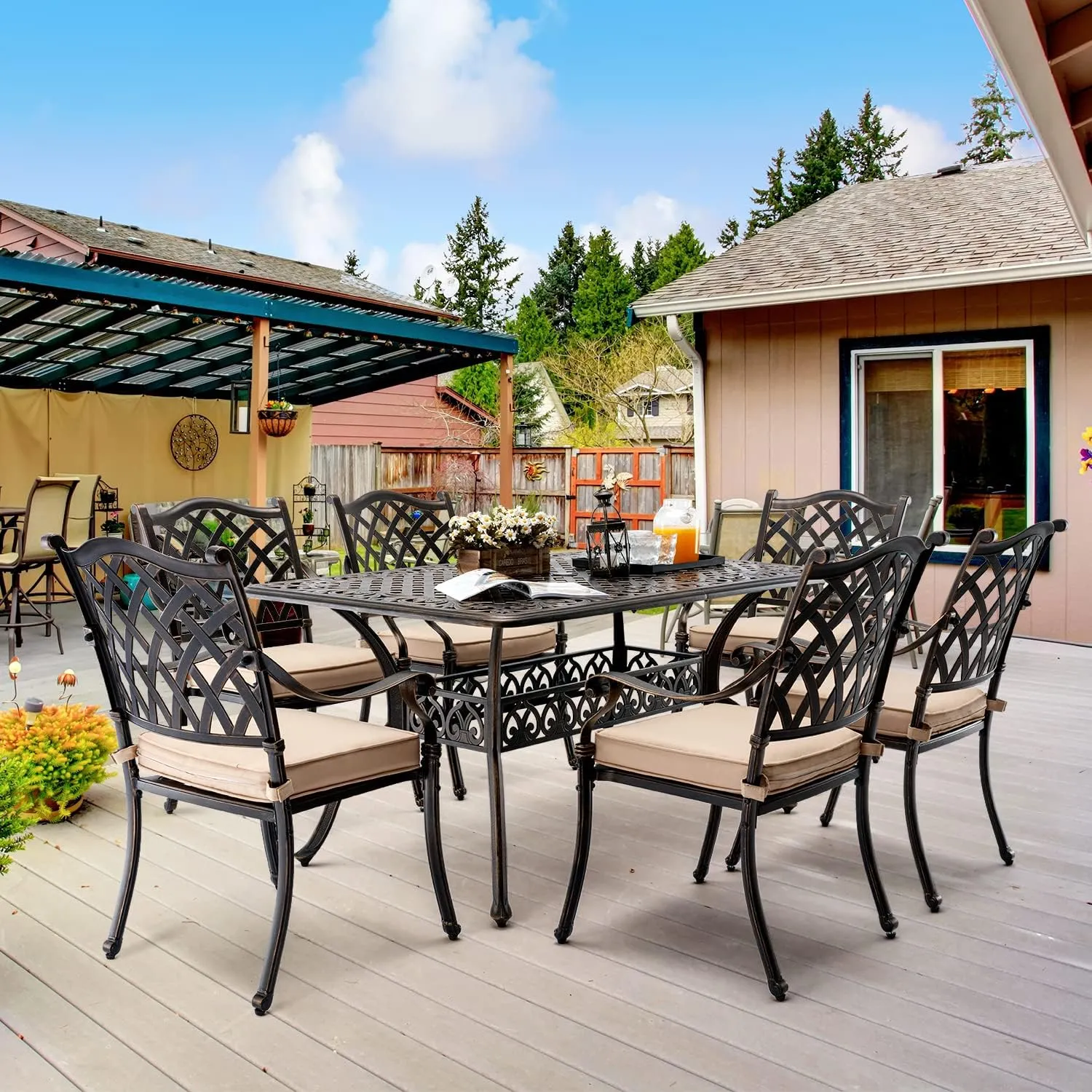 𝗔𝗶𝗹𝗶𝘀𝗺𝗮𝗶𝗹 7 Piece Outdoor Dining Set Cast Aluminum Retro Patio Dining Set for 6 includes 59” Rectangular Table and 6 Chairs with Thicker Cushions and Umbrella Hole for Patio Deck Garden