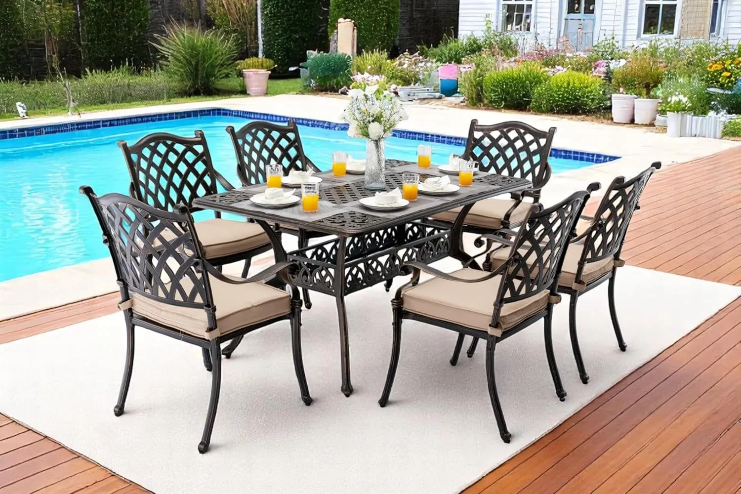 𝗔𝗶𝗹𝗶𝘀𝗺𝗮𝗶𝗹 7 Piece Outdoor Dining Set Cast Aluminum Retro Patio Dining Set for 6 includes 59” Rectangular Table and 6 Chairs with Thicker Cushions and Umbrella Hole for Patio Deck Garden
