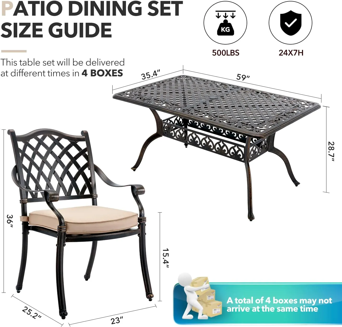 𝗔𝗶𝗹𝗶𝘀𝗺𝗮𝗶𝗹 7 Piece Outdoor Dining Set Cast Aluminum Retro Patio Dining Set for 6 includes 59” Rectangular Table and 6 Chairs with Thicker Cushions and Umbrella Hole for Patio Deck Garden