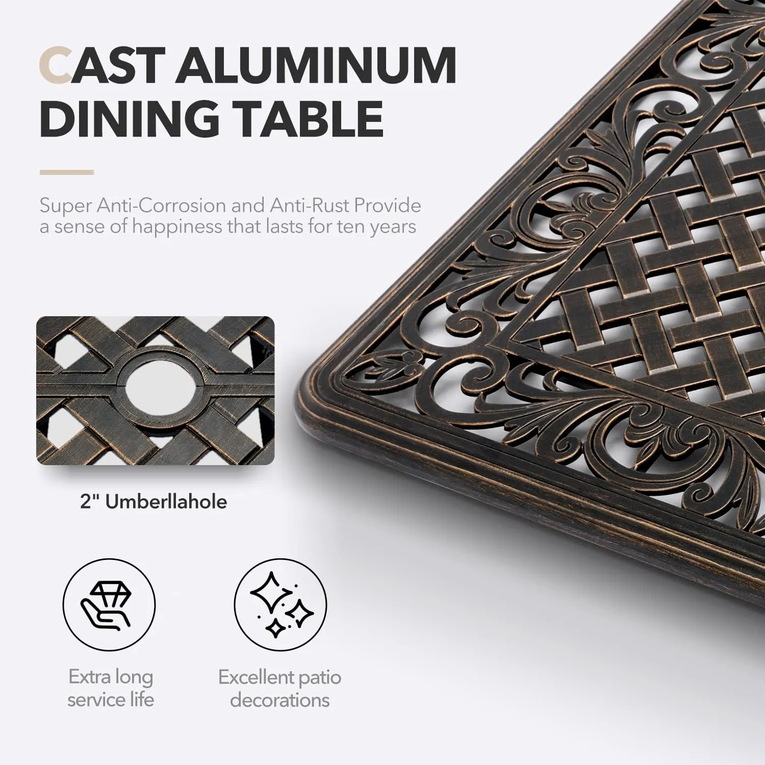𝗔𝗶𝗹𝗶𝘀𝗺𝗮𝗶𝗹 7 Piece Outdoor Dining Set Cast Aluminum Retro Patio Dining Set for 6 includes 59” Rectangular Table and 6 Chairs with Thicker Cushions and Umbrella Hole for Patio Deck Garden