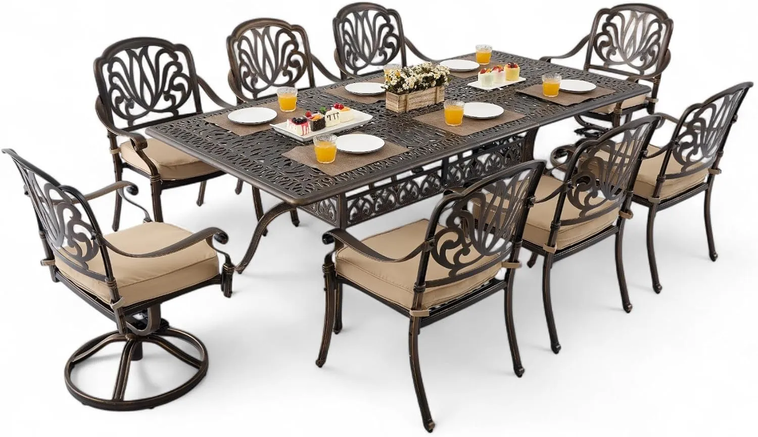 𝗔𝗶𝗹𝗶𝘀𝗺𝗮𝗶𝗹 𝟗 𝐏𝐢𝐞𝐜𝐞 Outdoor Dining Set Cast Aluminum Retro Patio Dining Set for 8 Includes 86.6’’ Table and 2 Swivel Chairs with Cushion and Umbrella Hole for Patio Deck Garden