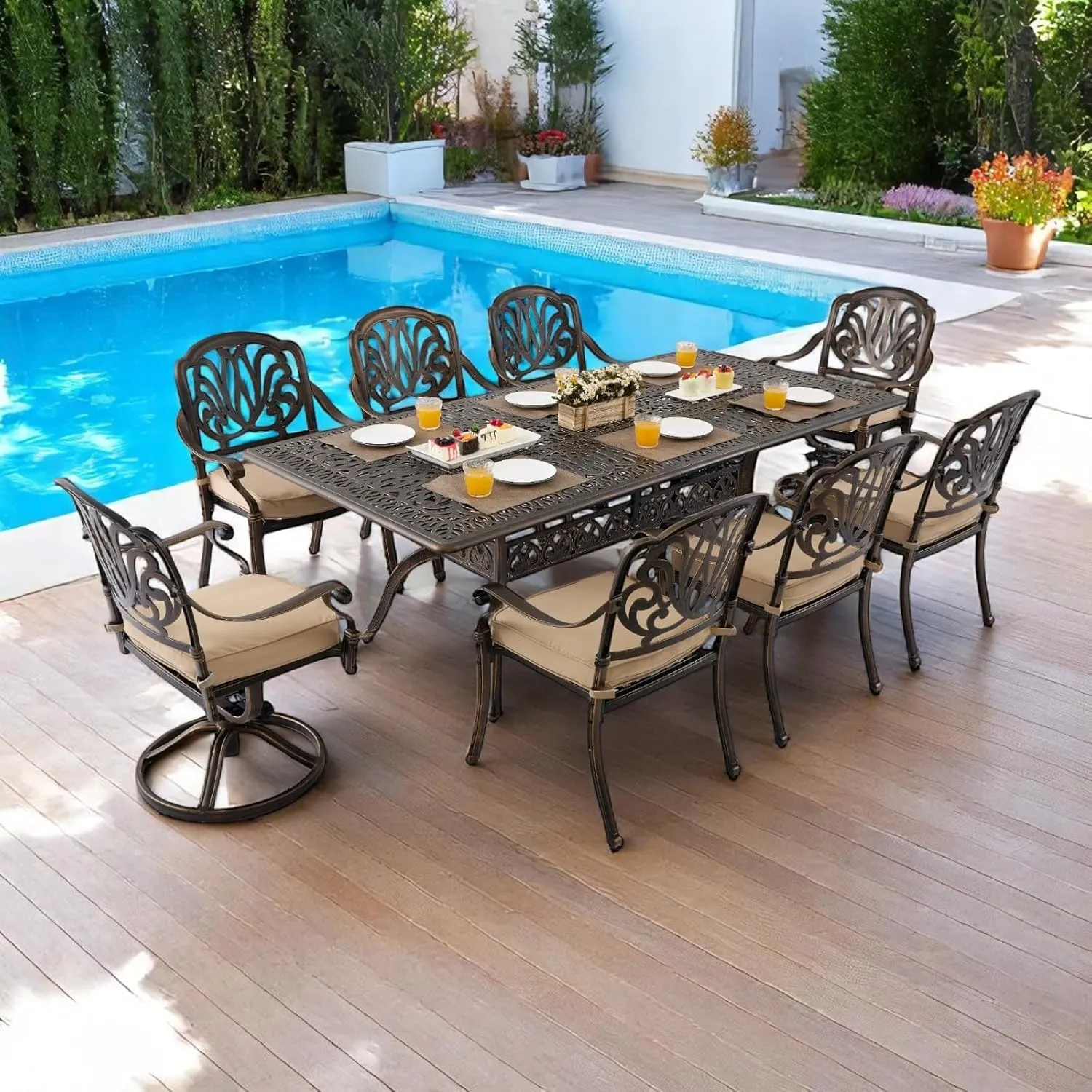𝗔𝗶𝗹𝗶𝘀𝗺𝗮𝗶𝗹 𝟗 𝐏𝐢𝐞𝐜𝐞 Outdoor Dining Set Cast Aluminum Retro Patio Dining Set for 8 Includes 86.6’’ Table and 2 Swivel Chairs with Cushion and Umbrella Hole for Patio Deck Garden
