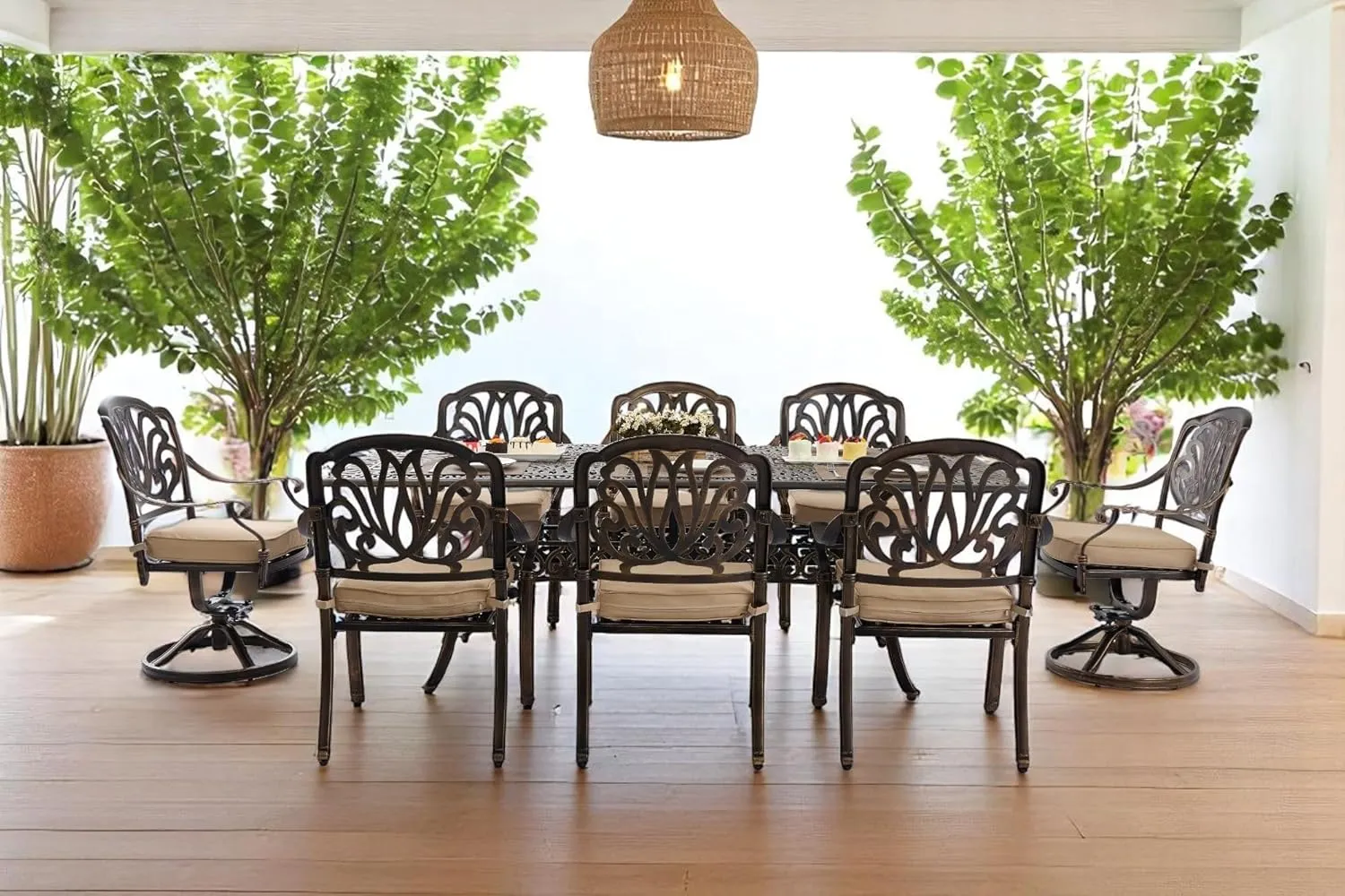 𝗔𝗶𝗹𝗶𝘀𝗺𝗮𝗶𝗹 𝟗 𝐏𝐢𝐞𝐜𝐞 Outdoor Dining Set Cast Aluminum Retro Patio Dining Set for 8 Includes 86.6’’ Table and 2 Swivel Chairs with Cushion and Umbrella Hole for Patio Deck Garden