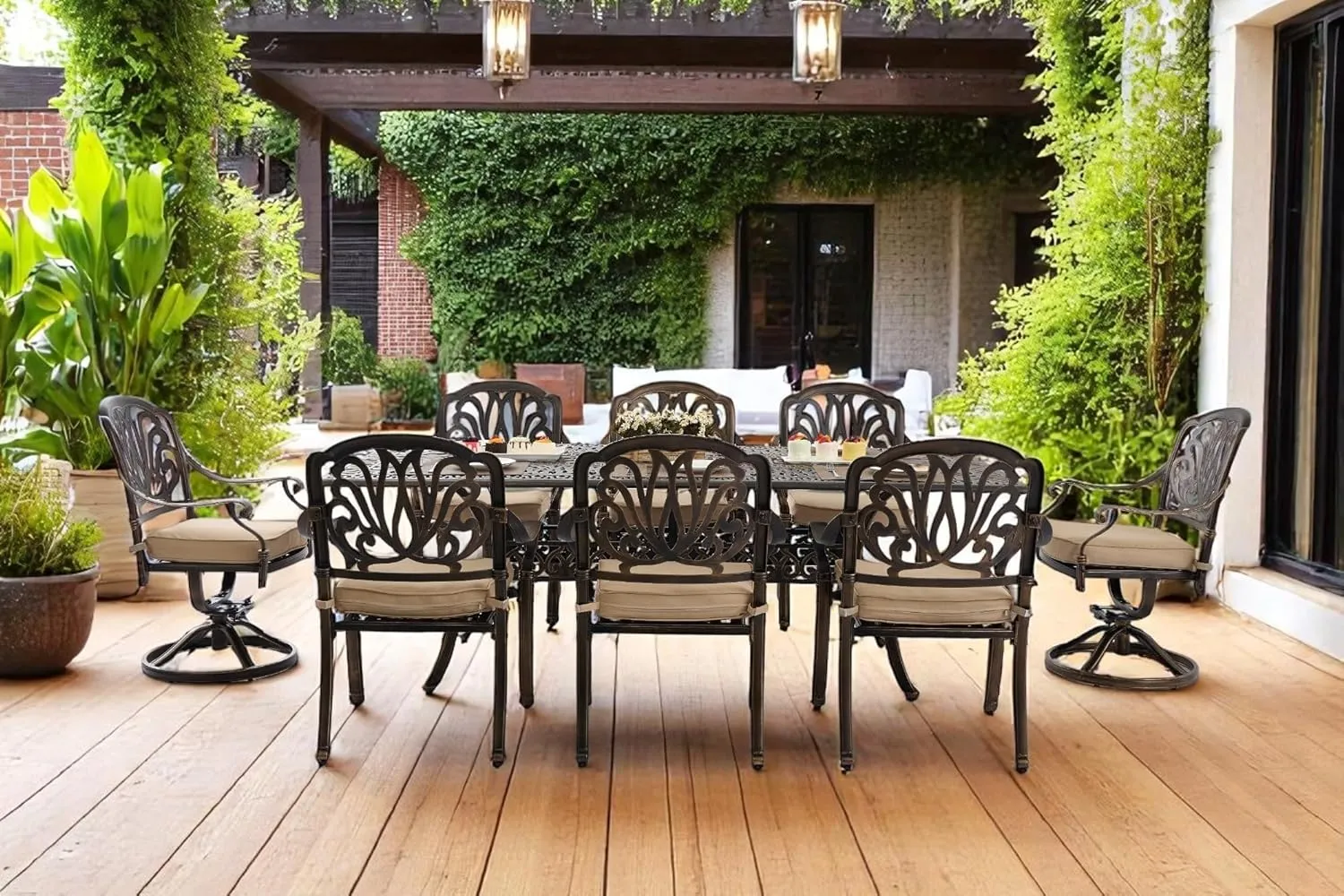 𝗔𝗶𝗹𝗶𝘀𝗺𝗮𝗶𝗹 𝟗 𝐏𝐢𝐞𝐜𝐞 Outdoor Dining Set Cast Aluminum Retro Patio Dining Set for 8 Includes 86.6’’ Table and 2 Swivel Chairs with Cushion and Umbrella Hole for Patio Deck Garden