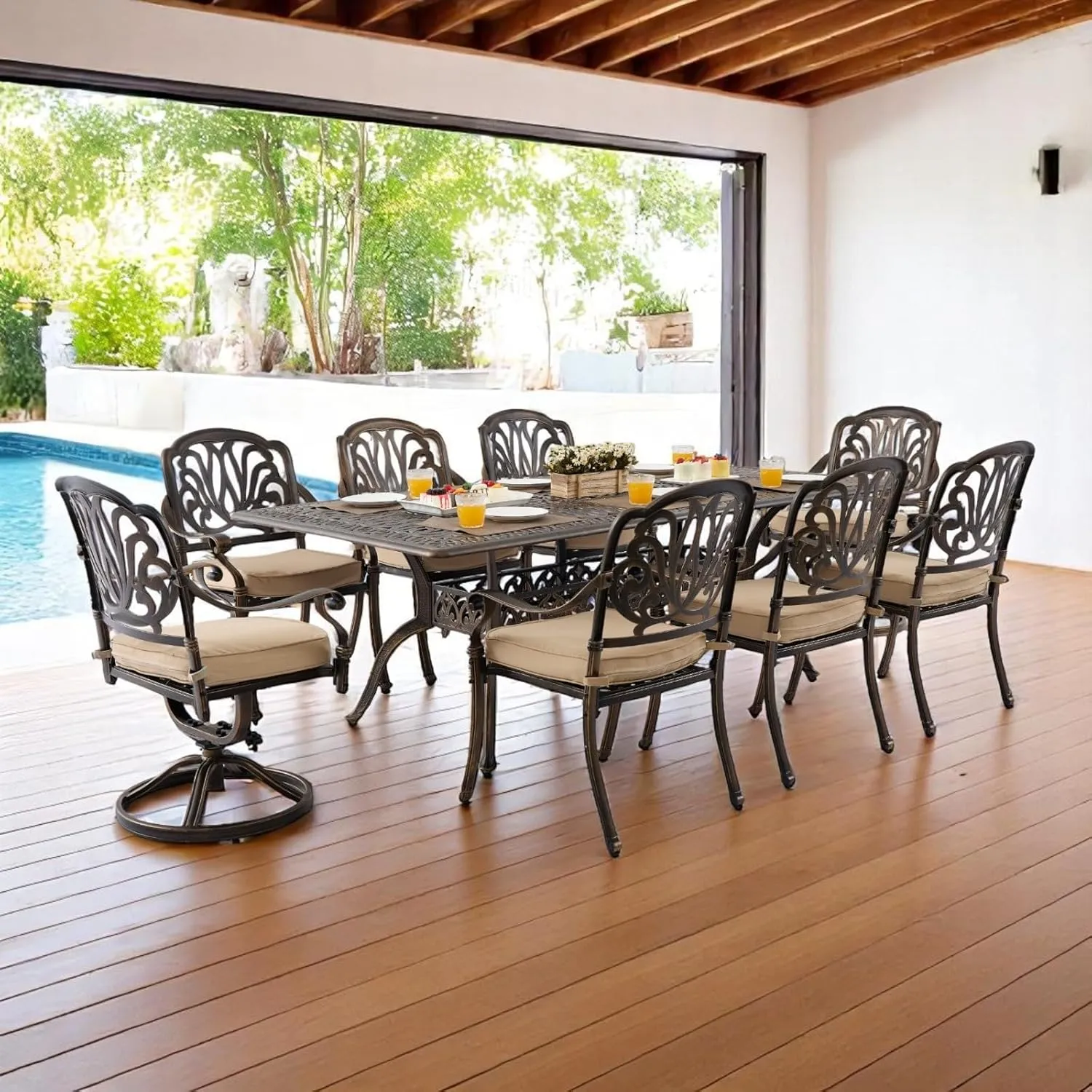 𝗔𝗶𝗹𝗶𝘀𝗺𝗮𝗶𝗹 𝟗 𝐏𝐢𝐞𝐜𝐞 Outdoor Dining Set Cast Aluminum Retro Patio Dining Set for 8 Includes 86.6’’ Table and 2 Swivel Chairs with Cushion and Umbrella Hole for Patio Deck Garden