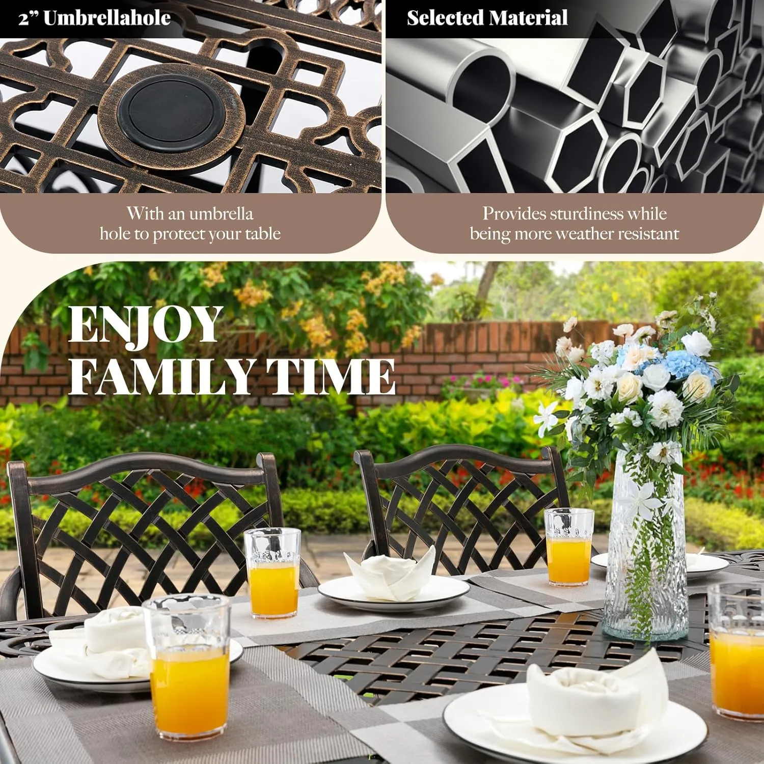 𝗔𝗶𝗹𝗶𝘀𝗺𝗮𝗶𝗹 𝟗 𝐏𝐢𝐞𝐜𝐞 Outdoor Dining Set Cast Aluminum Retro Patio Dining Set for 8 Includes 86.6’’ Table and 2 Swivel Chairs with Cushion and Umbrella Hole for Patio Deck Garden