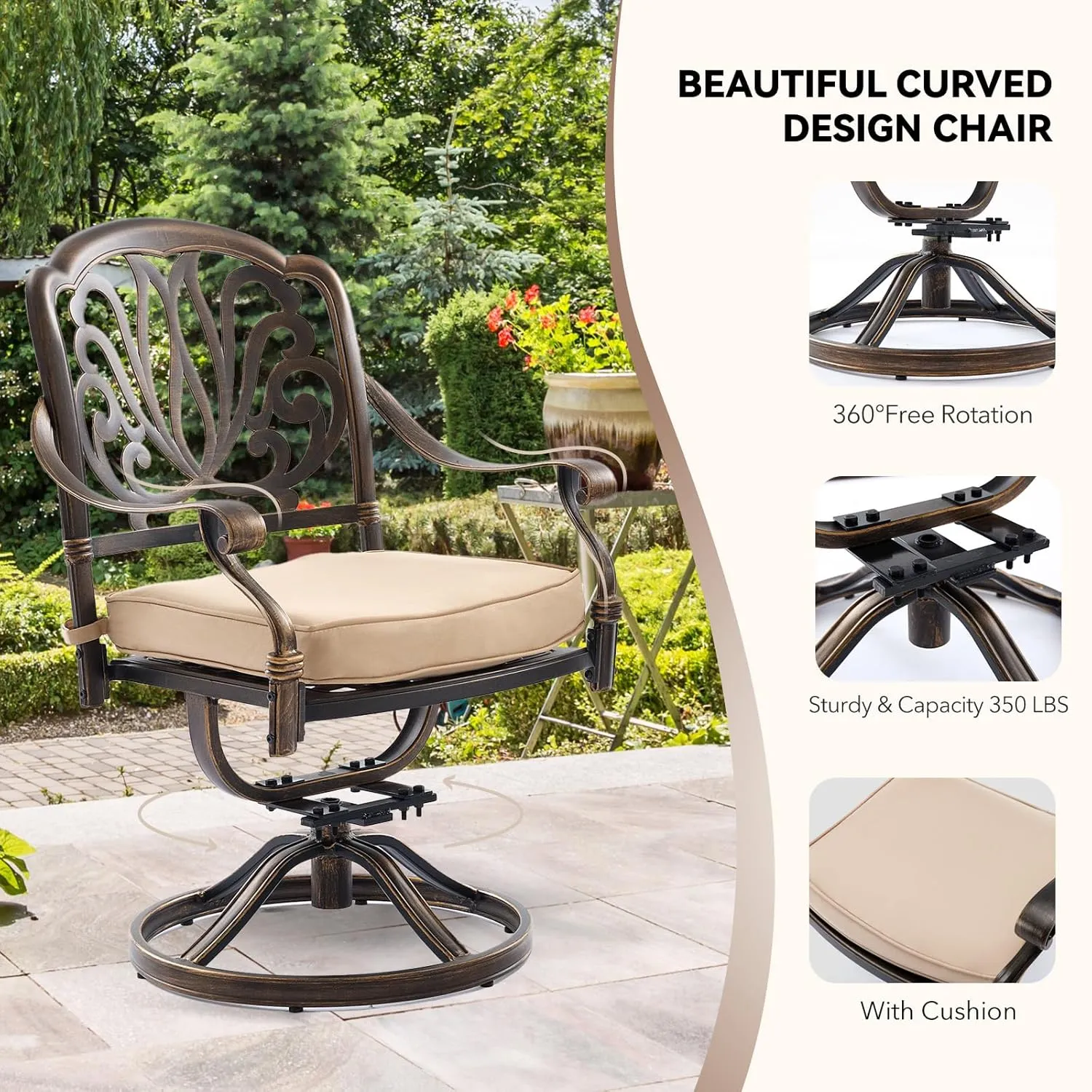 𝗔𝗶𝗹𝗶𝘀𝗺𝗮𝗶𝗹 𝟗 𝐏𝐢𝐞𝐜𝐞 Outdoor Dining Set Cast Aluminum Retro Patio Dining Set for 8 Includes 86.6’’ Table and 2 Swivel Chairs with Cushion and Umbrella Hole for Patio Deck Garden