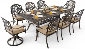 𝗔𝗶𝗹𝗶𝘀𝗺𝗮𝗶𝗹 𝟗 𝐏𝐢𝐞𝐜𝐞 Outdoor Dining Set Cast Aluminum Retro Patio Dining Set for 8 Includes 86.6’’ Table and 2 Swivel Chairs with Cushion and Umbrella Hole for Patio Deck Garden