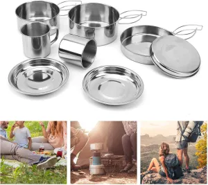 01 Camping Cookware Mess Kit, Camp Accessories Equipment Stainless Steel Camping Cookware Kit 8Pcs for Hiking for Backpacking for Outdoor for Picnic