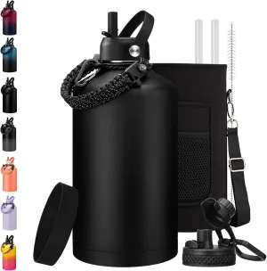 1 Gallon Water Bottle Insulated - with Straw & Auto Chug Lid, Carrier Bag, Protective Boot, Paracord Handle, Stainless Steel Water Bottle 128 oz, Large Metal One Gallon Water Jug for Travel Gym