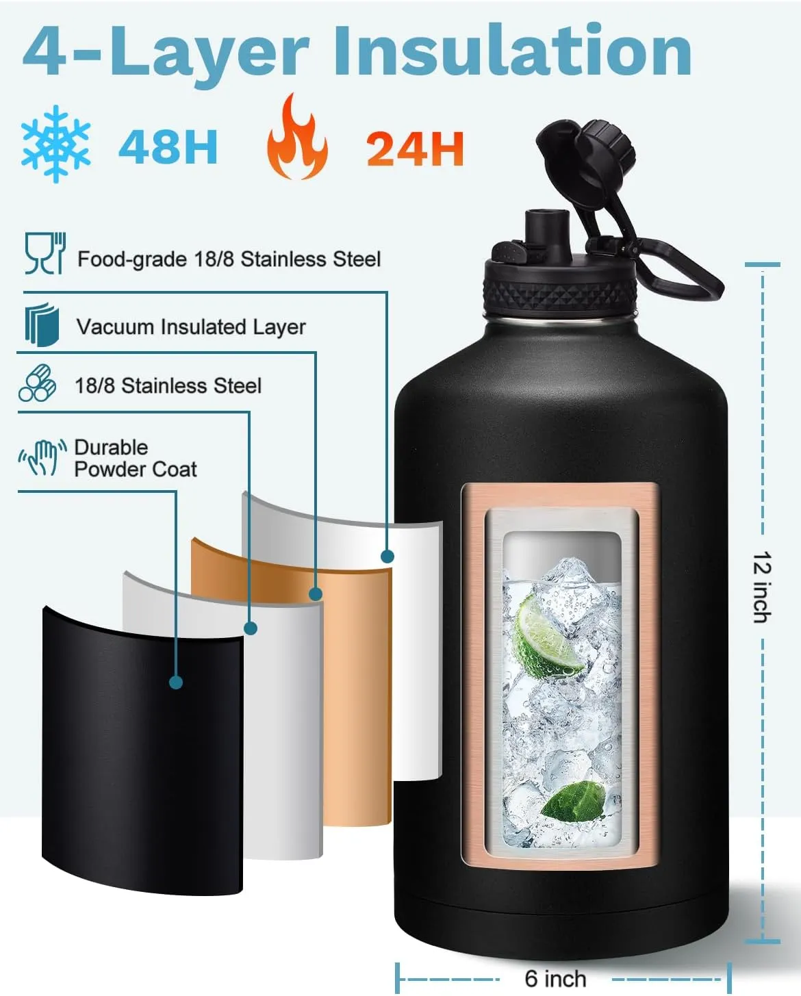 1 Gallon Water Bottle Insulated - with Straw & Auto Chug Lid, Carrier Bag, Protective Boot, Paracord Handle, Stainless Steel Water Bottle 128 oz, Large Metal One Gallon Water Jug for Travel Gym