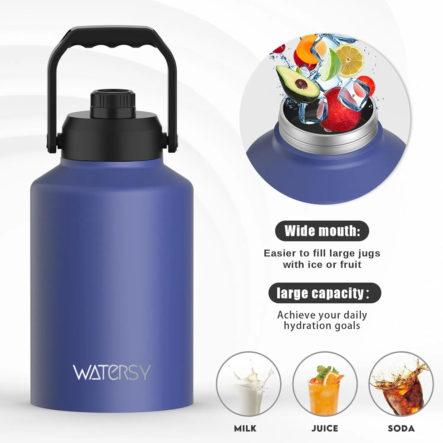 1 Gallon Water Bottle Insulated(Cold for 48 Hrs),BPA Free&Leak Proof,128oz Stainless Steel Water Jug,Big thermo,Large Water Bottle with Handle for Gym,Hiking,Camping&Travel,Deep Blue