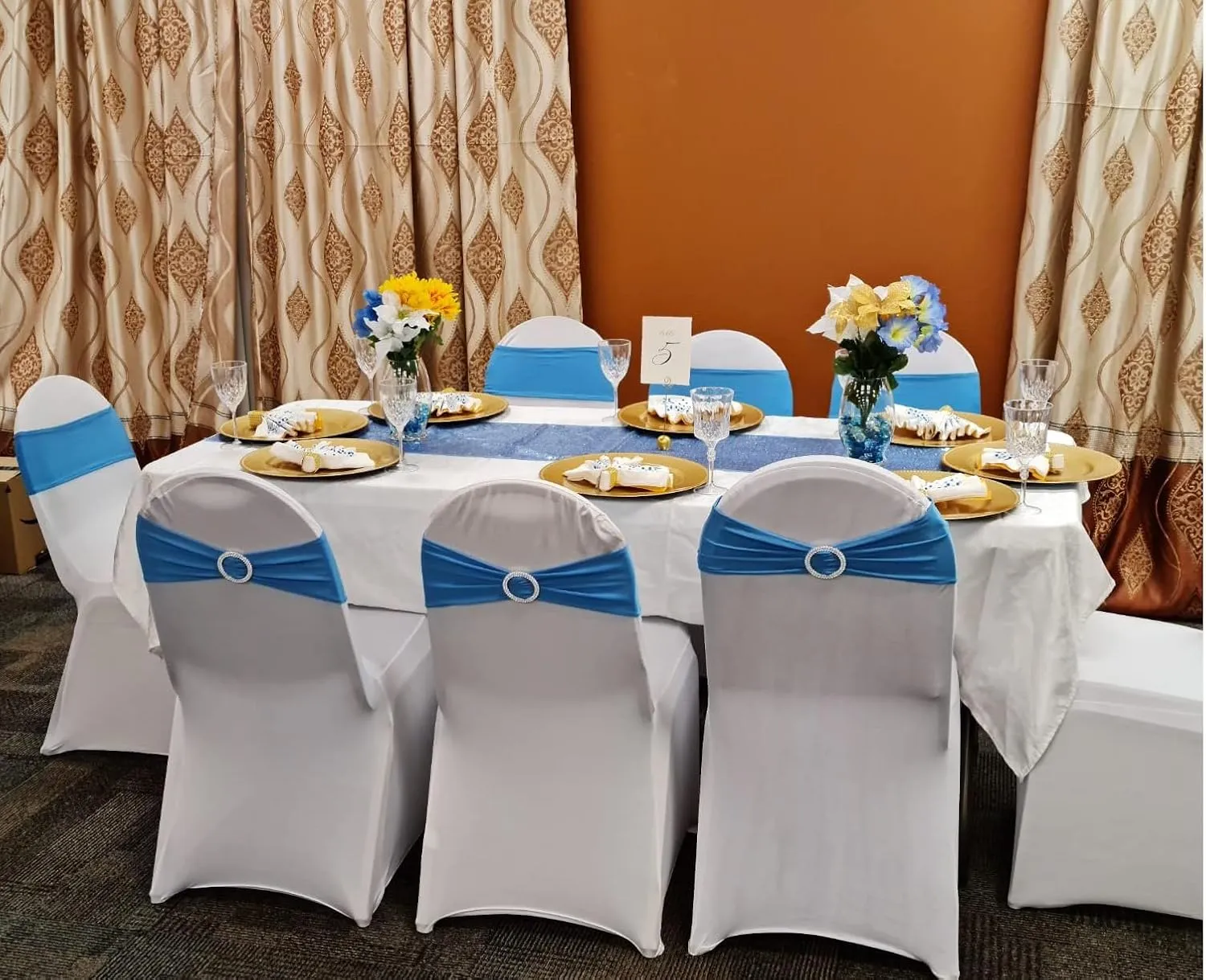 10 White Chair Covers and 10 Orange Chair Sashes for Wedding Banquet Seat Covers and Chairs Bows Bands for Party Birthday Engagement Bridal Shower Halloween Christmas Events Decor