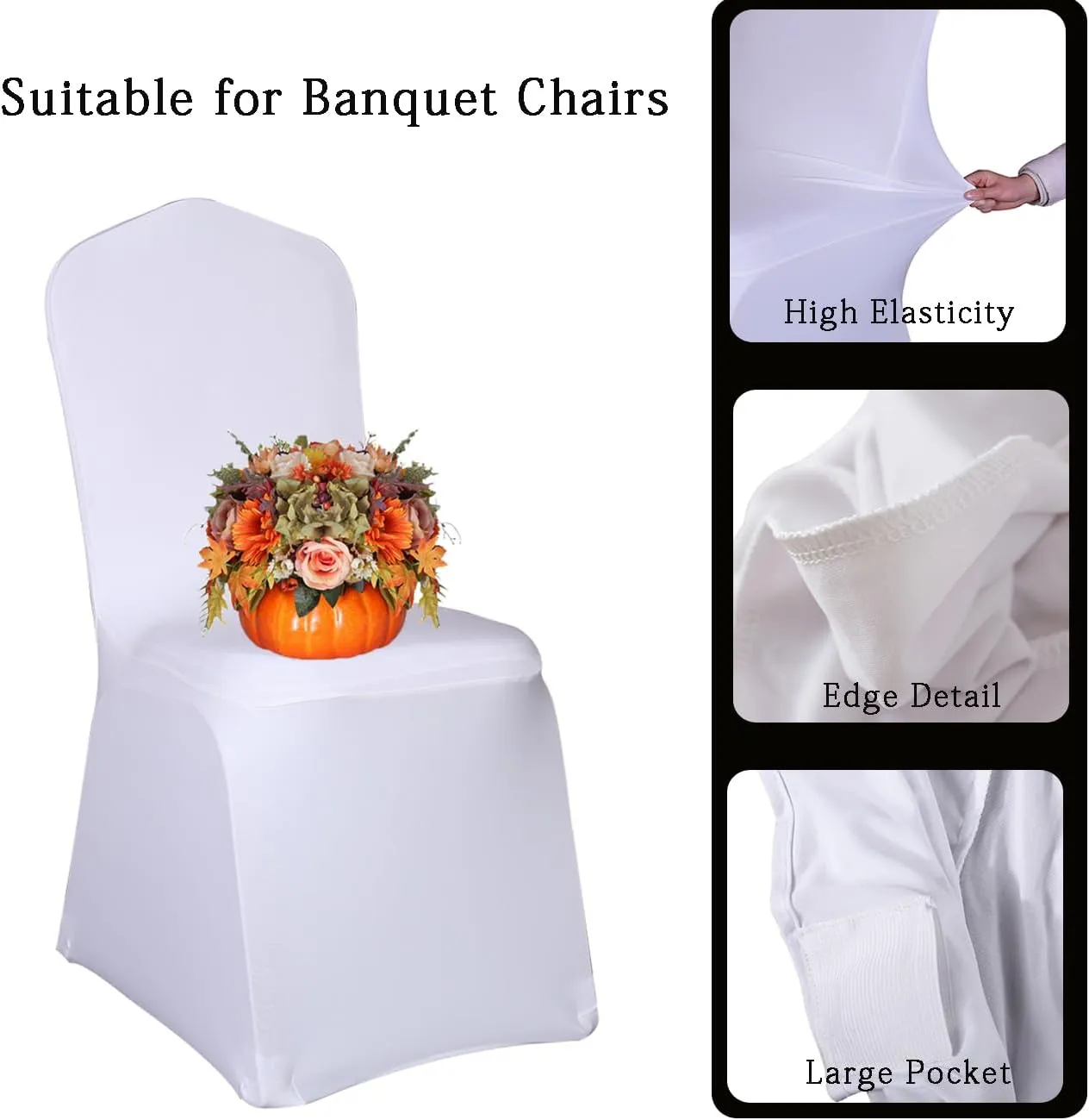 10 White Chair Covers and 10 Orange Chair Sashes for Wedding Banquet Seat Covers and Chairs Bows Bands for Party Birthday Engagement Bridal Shower Halloween Christmas Events Decor