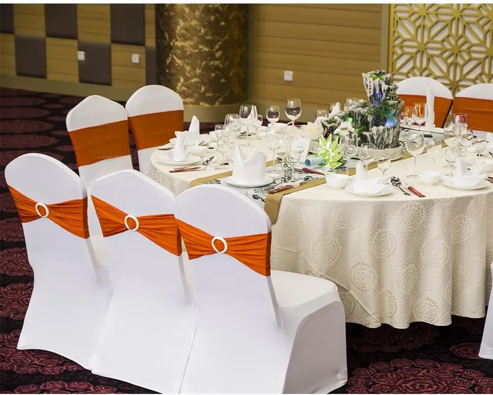 10 White Chair Covers and 10 Orange Chair Sashes for Wedding Banquet Seat Covers and Chairs Bows Bands for Party Birthday Engagement Bridal Shower Halloween Christmas Events Decor
