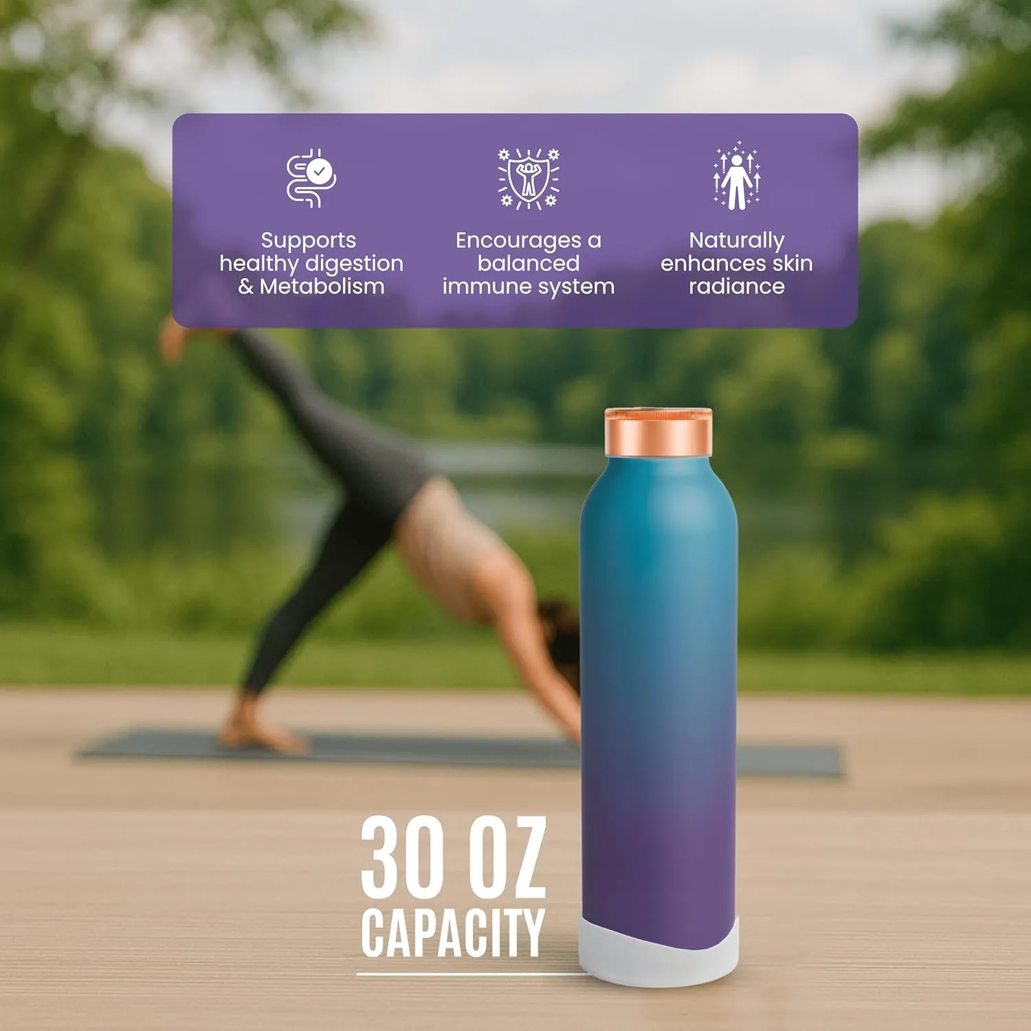 100% Pure Copper Water Bottle for Drinking – 30 oz (900 ml), Leak-Proof Ayurvedic Benefits Drinkware – Ombre Blue Finish, Eco-Friendly – Ideal for Yoga, Gym, Office, Travel