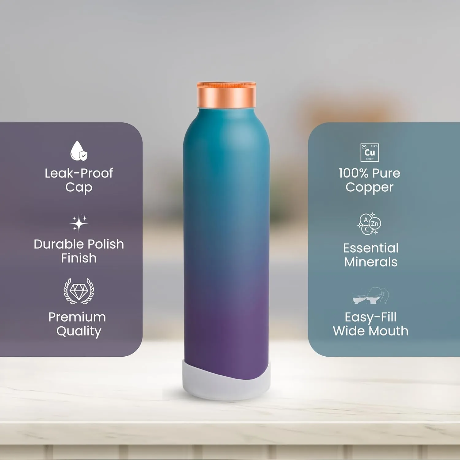 100% Pure Copper Water Bottle for Drinking – 30 oz (900 ml), Leak-Proof Ayurvedic Benefits Drinkware – Ombre Blue Finish, Eco-Friendly – Ideal for Yoga, Gym, Office, Travel