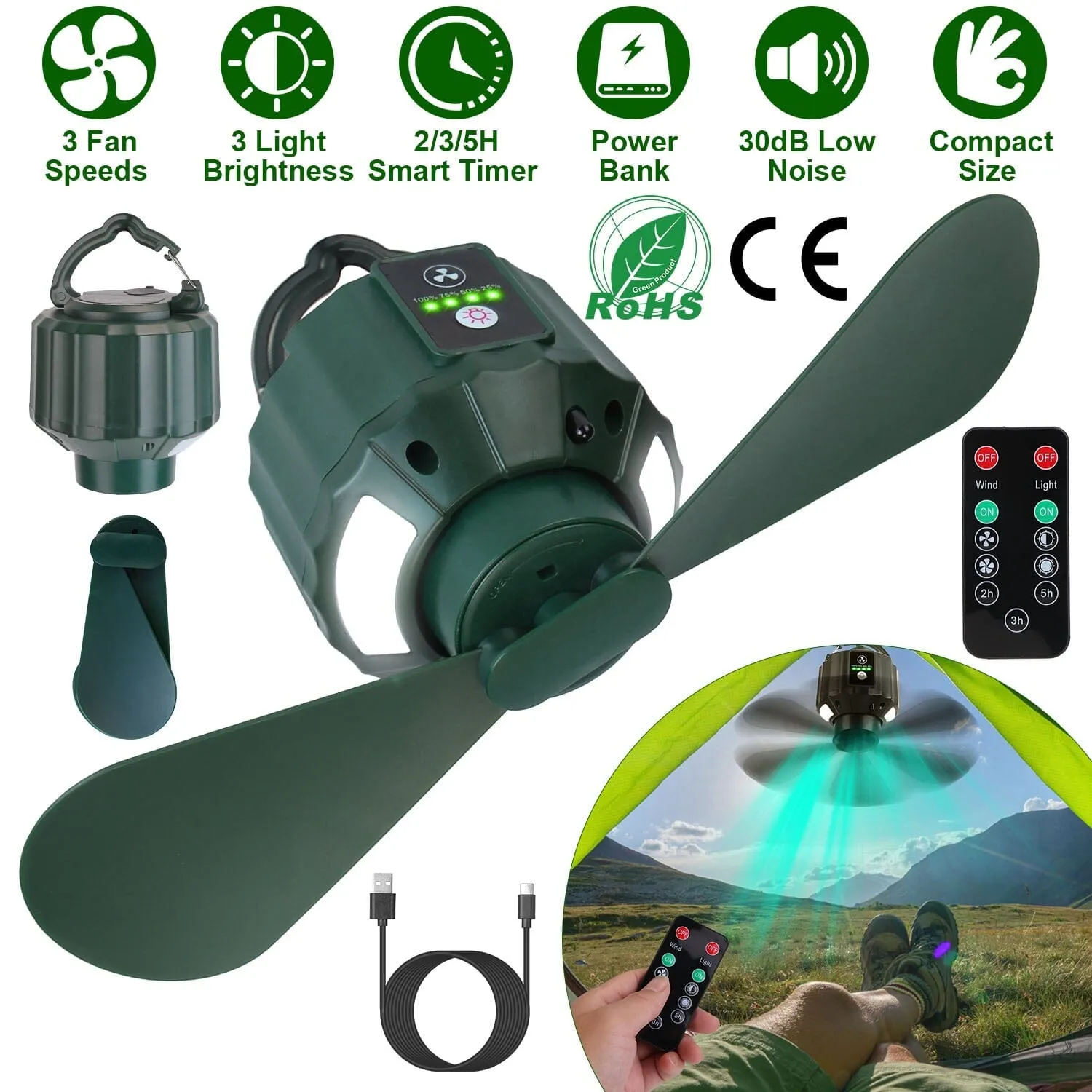 10400mAh USB Battery Powered Hanging Tent Lantern Fan Power Bank