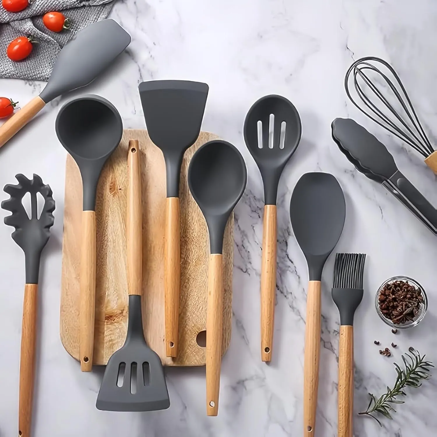 12 PCS Kitchen Cooking Utensils Set, Non Stick Silicone Utensil Set 446°F Heat Resistant, Wooden Handle Silicone Cookware Set Eco Friendly BPA Free (Dark Gray)