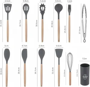 12 PCS Kitchen Cooking Utensils Set, Non Stick Silicone Utensil Set 446°F Heat Resistant, Wooden Handle Silicone Cookware Set Eco Friendly BPA Free (Dark Gray)