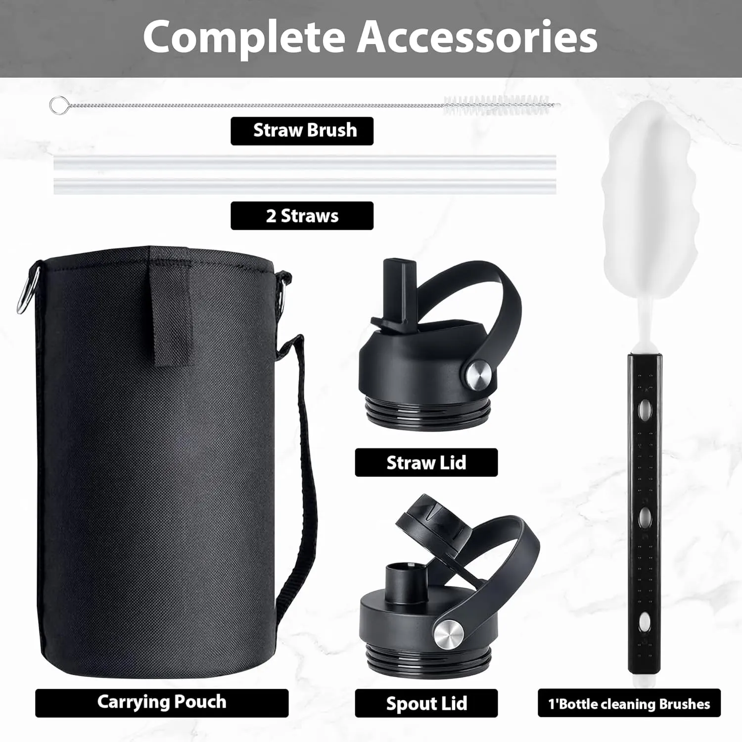 128 oz Water Bottle with 2 Lids, One Gallon Double Wall Vacuum Insulated Stainless Steel Water Jug, Includes Carrying Pouch, Wide Mouth Metal Canteen for Gym, Sports, and Camping, Black.