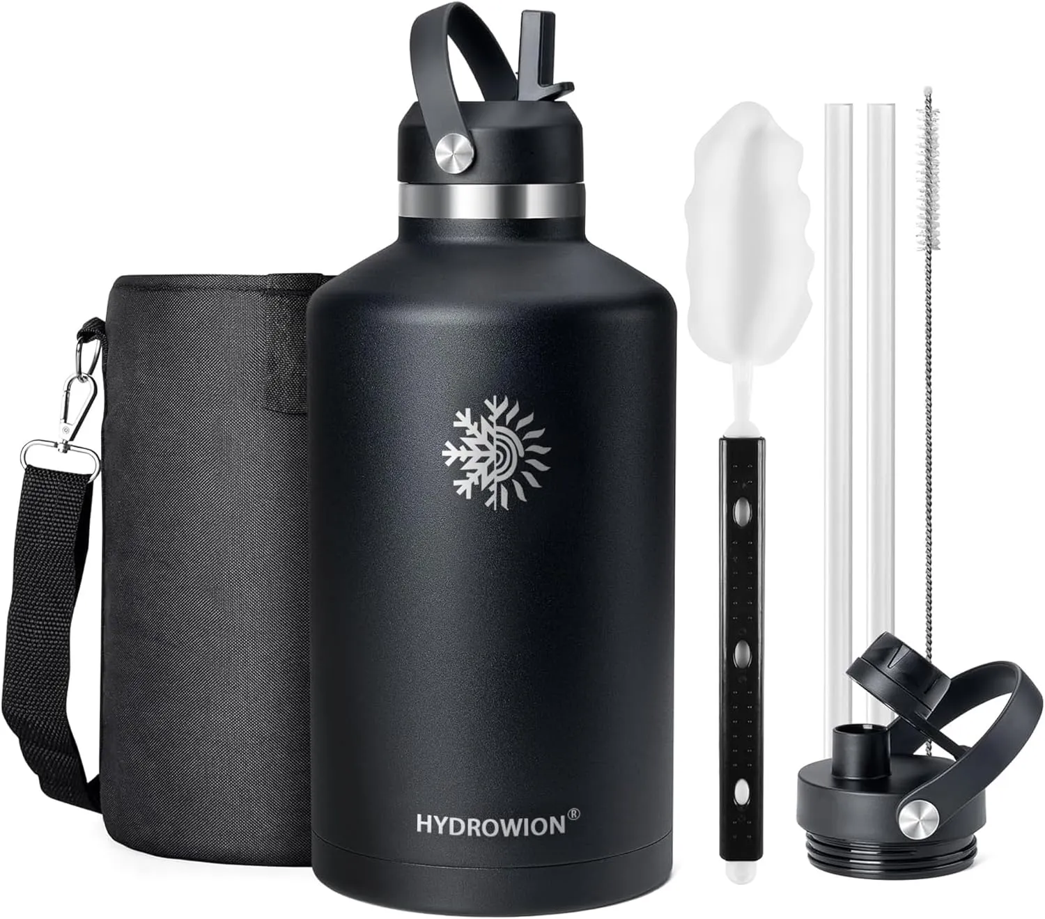128 oz Water Bottle with 2 Lids, One Gallon Double Wall Vacuum Insulated Stainless Steel Water Jug, Includes Carrying Pouch, Wide Mouth Metal Canteen for Gym, Sports, and Camping, Black.