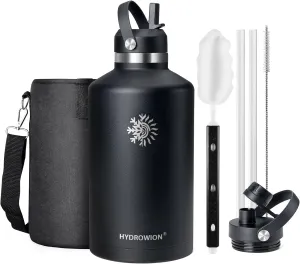 128 oz Water Bottle with 2 Lids, One Gallon Double Wall Vacuum Insulated Stainless Steel Water Jug, Includes Carrying Pouch, Wide Mouth Metal Canteen for Gym, Sports, and Camping, Black.