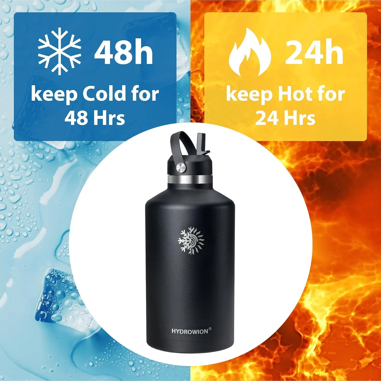 128 oz Water Bottle with 2 Lids, One Gallon Double Wall Vacuum Insulated Stainless Steel Water Jug, Includes Carrying Pouch, Wide Mouth Metal Canteen for Gym, Sports, and Camping, Black.
