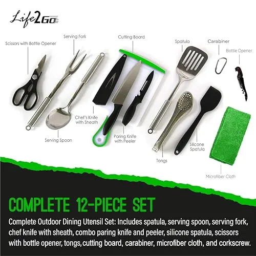 12Pcs Camp Cooking Utensil Set & Outdoor Kitchen Gear Cookware Kit