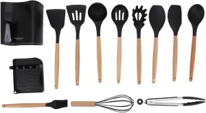 13pcs Camping Cookware Set with Heat Wooden Handle, Safe Black Picnic Cookware Kit, Includes Rack and Storage Box for Outdoor Activities