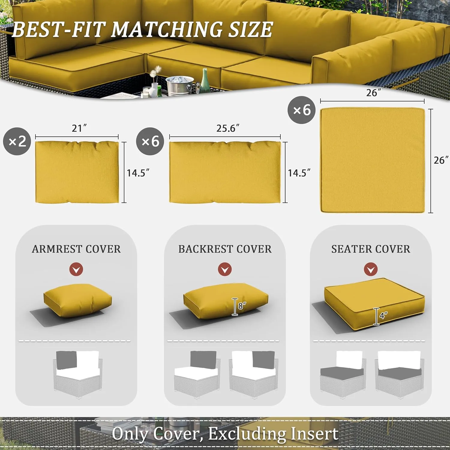 14 Pcs Outdoor Patio Cushion Covers, Replaceable Waterproof Furniture Covers, Outdoor Non-Slip Covers with Zippers, Couch 3 Sizes, Covers Only (Yellow)