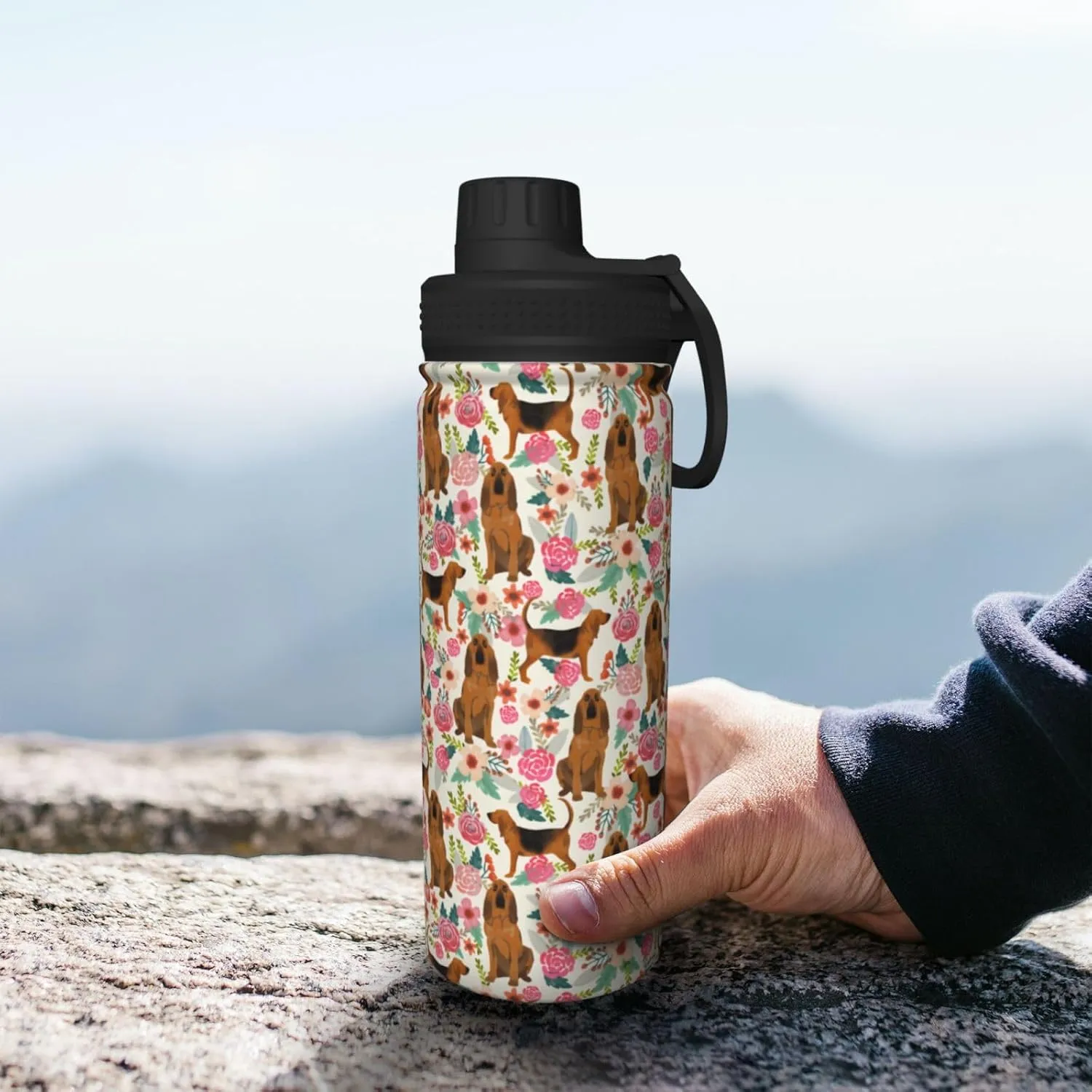 18 Oz Stainless Steel Vacuum Insulated Sports Water Bottles - Cute Bloodhound Dog Rose Flowers Florals Print Cups With Flip, Spout And Handle Lid Spill-Proof Thermos For School Travel Birthday Gifts