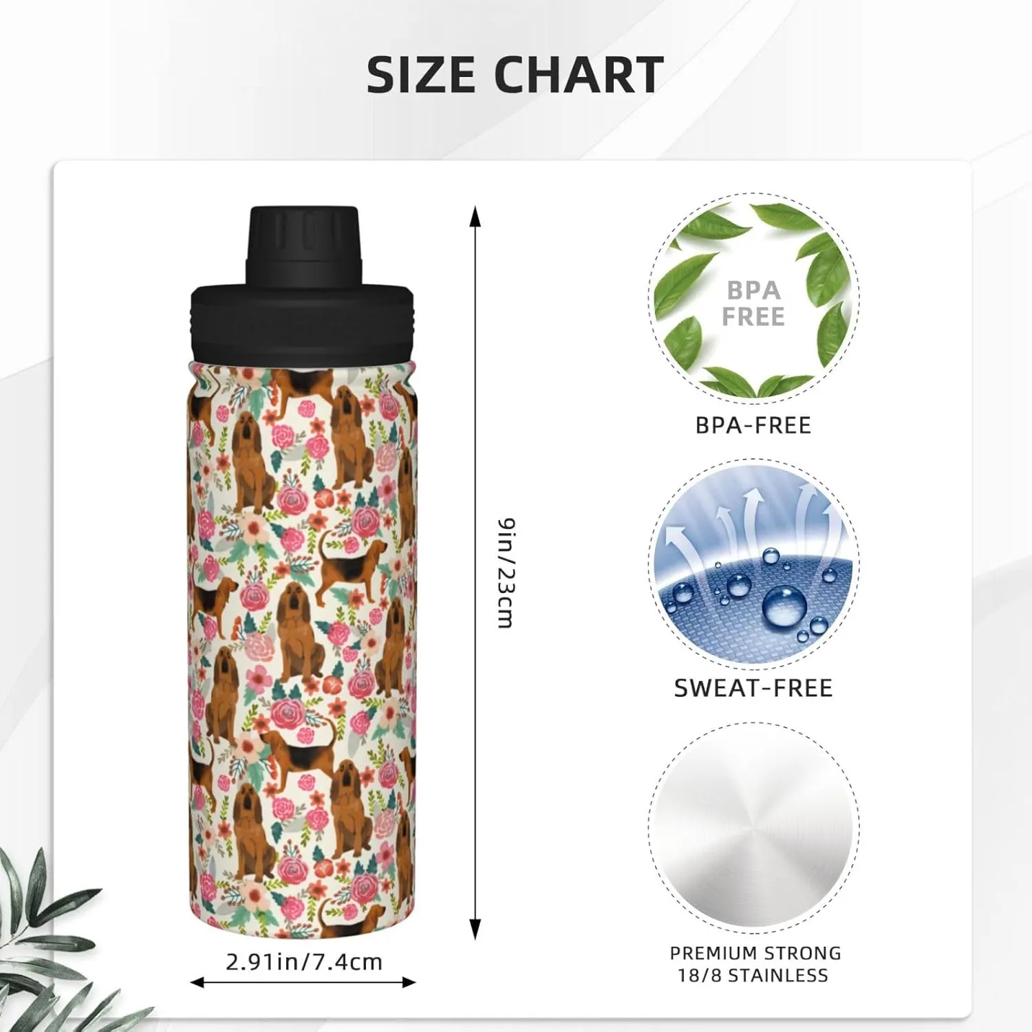 18 Oz Stainless Steel Vacuum Insulated Sports Water Bottles - Cute Bloodhound Dog Rose Flowers Florals Print Cups With Flip, Spout And Handle Lid Spill-Proof Thermos For School Travel Birthday Gifts