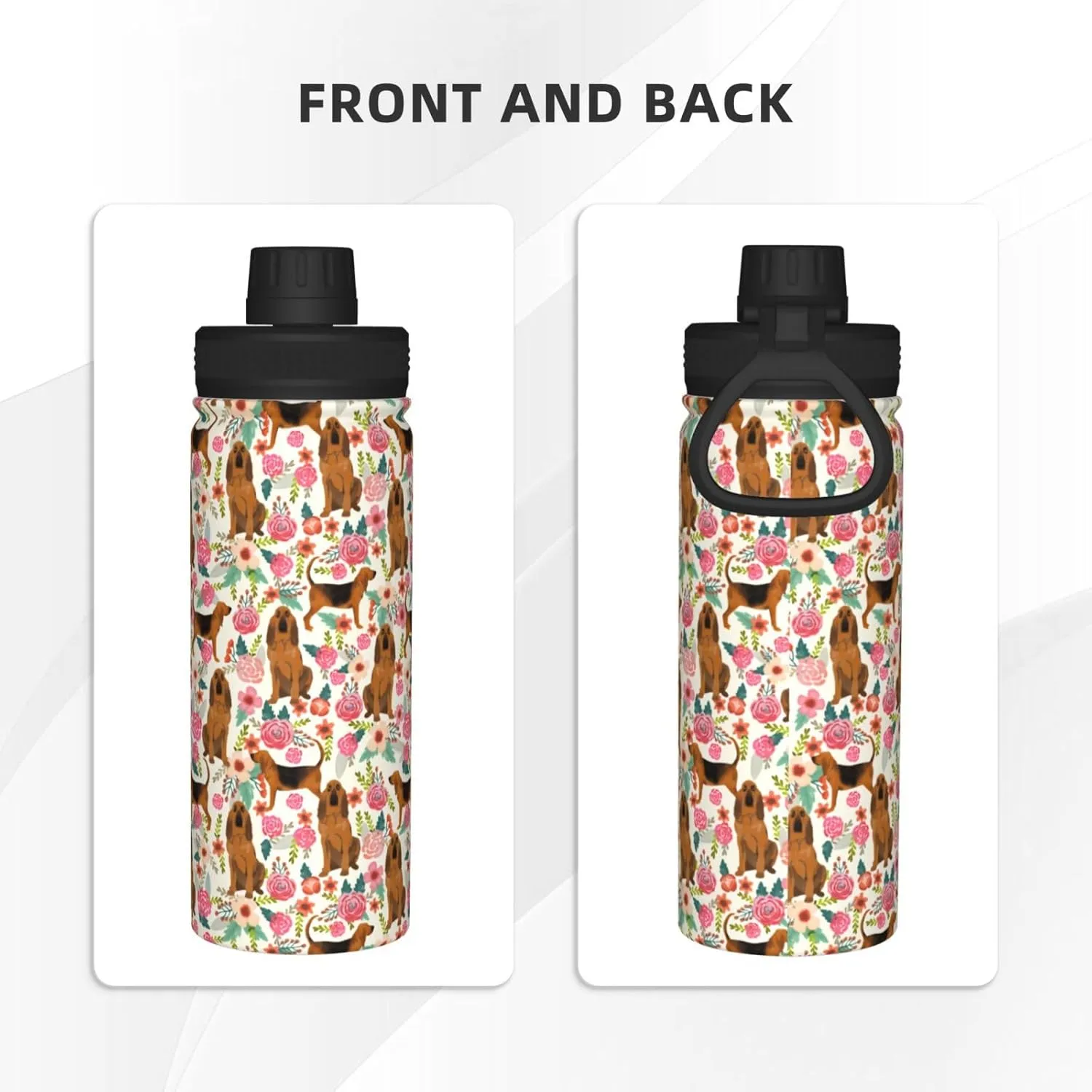 18 Oz Stainless Steel Vacuum Insulated Sports Water Bottles - Cute Bloodhound Dog Rose Flowers Florals Print Cups With Flip, Spout And Handle Lid Spill-Proof Thermos For School Travel Birthday Gifts