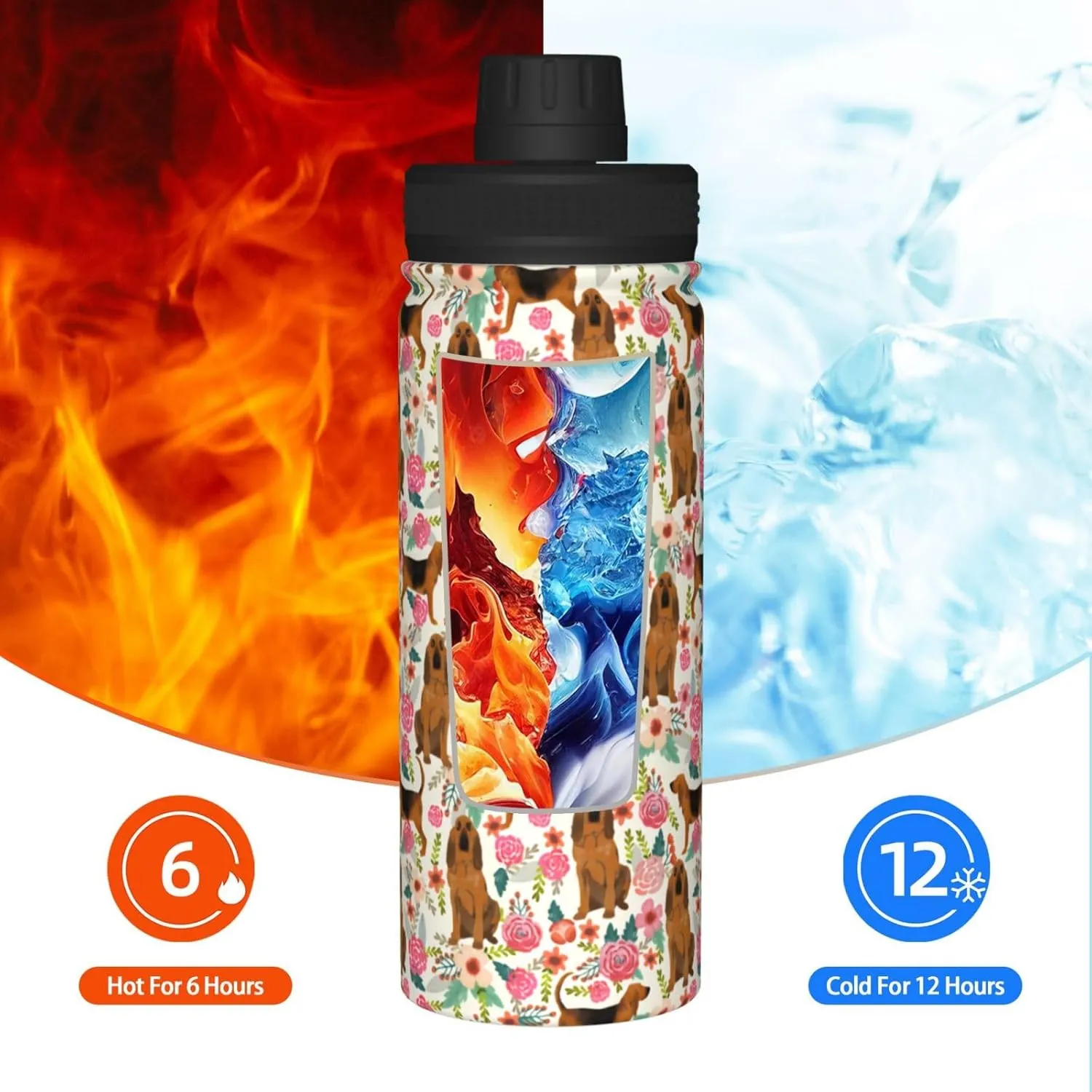 18 Oz Stainless Steel Vacuum Insulated Sports Water Bottles - Cute Bloodhound Dog Rose Flowers Florals Print Cups With Flip, Spout And Handle Lid Spill-Proof Thermos For School Travel Birthday Gifts