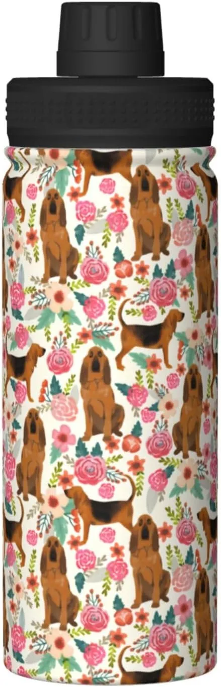 18 Oz Stainless Steel Vacuum Insulated Sports Water Bottles - Cute Bloodhound Dog Rose Flowers Florals Print Cups With Flip, Spout And Handle Lid Spill-Proof Thermos For School Travel Birthday Gifts