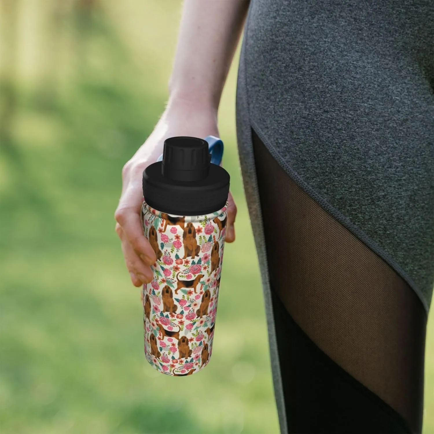 18 Oz Stainless Steel Vacuum Insulated Sports Water Bottles - Cute Bloodhound Dog Rose Flowers Florals Print Cups With Flip, Spout And Handle Lid Spill-Proof Thermos For School Travel Birthday Gifts