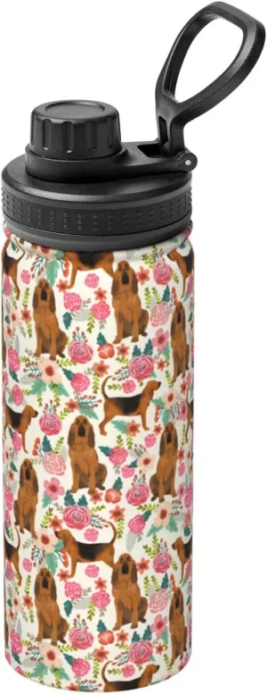 18 Oz Stainless Steel Vacuum Insulated Sports Water Bottles - Cute Bloodhound Dog Rose Flowers Florals Print Cups With Flip, Spout And Handle Lid Spill-Proof Thermos For School Travel Birthday Gifts