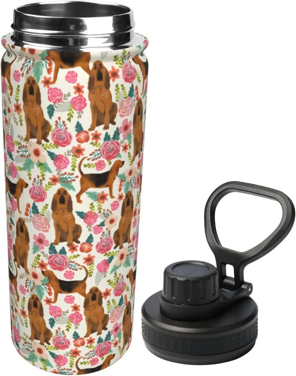 18 Oz Stainless Steel Vacuum Insulated Sports Water Bottles - Cute Bloodhound Dog Rose Flowers Florals Print Cups With Flip, Spout And Handle Lid Spill-Proof Thermos For School Travel Birthday Gifts