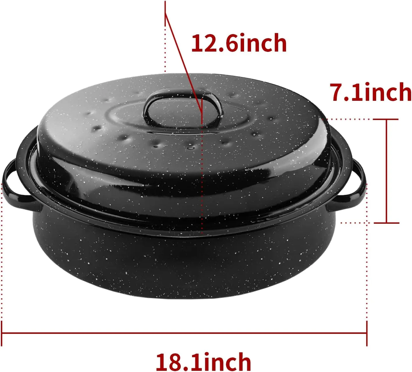 18Inch Roasting Pan, Enamel on Steel, Black Covered Oval Roaster Pan with Lid, Large Cookware for Turkey, Small Chicken, Roast Baking Pan.