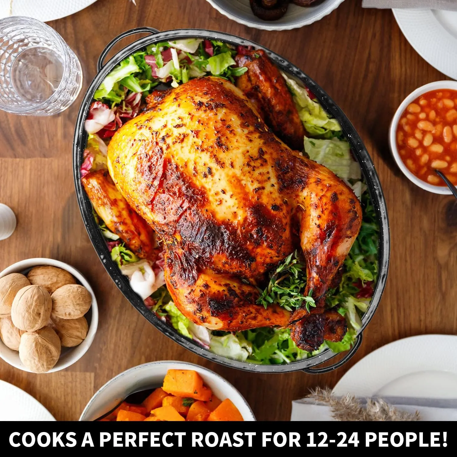 18Inch Roasting Pan, Enamel on Steel, Black Covered Oval Roaster Pan with Lid, Large Cookware for Turkey, Small Chicken, Roast Baking Pan.