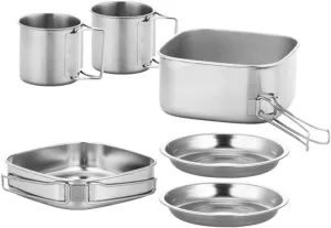1Set Outdoor Stainless Steel Camping Cookware with Handles for Hiking and Picnic Includes Frying Pan Stew Pot Cups and Plates for Convenient Outdoor