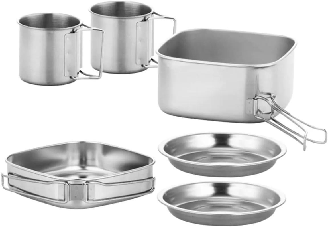1Set Outdoor Stainless Steel Camping Cookware with Handles for Hiking and Picnic Includes Frying Pan Stew Pot Cups and Plates for Convenient Outdoor