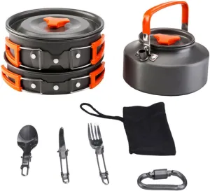 1set Portable Camping Cookware Cooking Utensils for Outdoor Adventures Includes Teapot and Pan for Hiking Picnic and BBQ Orange