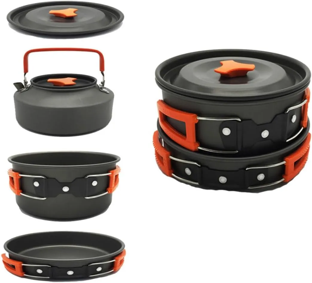 1Set Portable Camping Cookware Person Durable Camping Pot Teapot Cooking Utensils for Outdoor BBQ Hiking Backpacking Orange