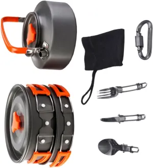 1Set Portable Camping Cookware Pot and Teapot for Outdoor BBQ Hiking and Cooking Durable Cooking Utensils for People Essential Camping Accessories Orange