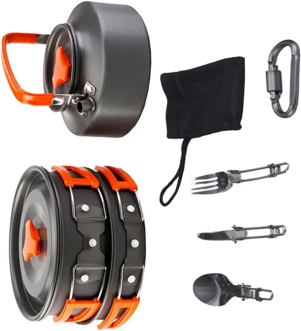 1Set Portable Camping Cookware Pot and Teapot for Outdoor BBQ Hiking and Cooking Durable Cooking Utensils for People Essential Camping Accessories Orange