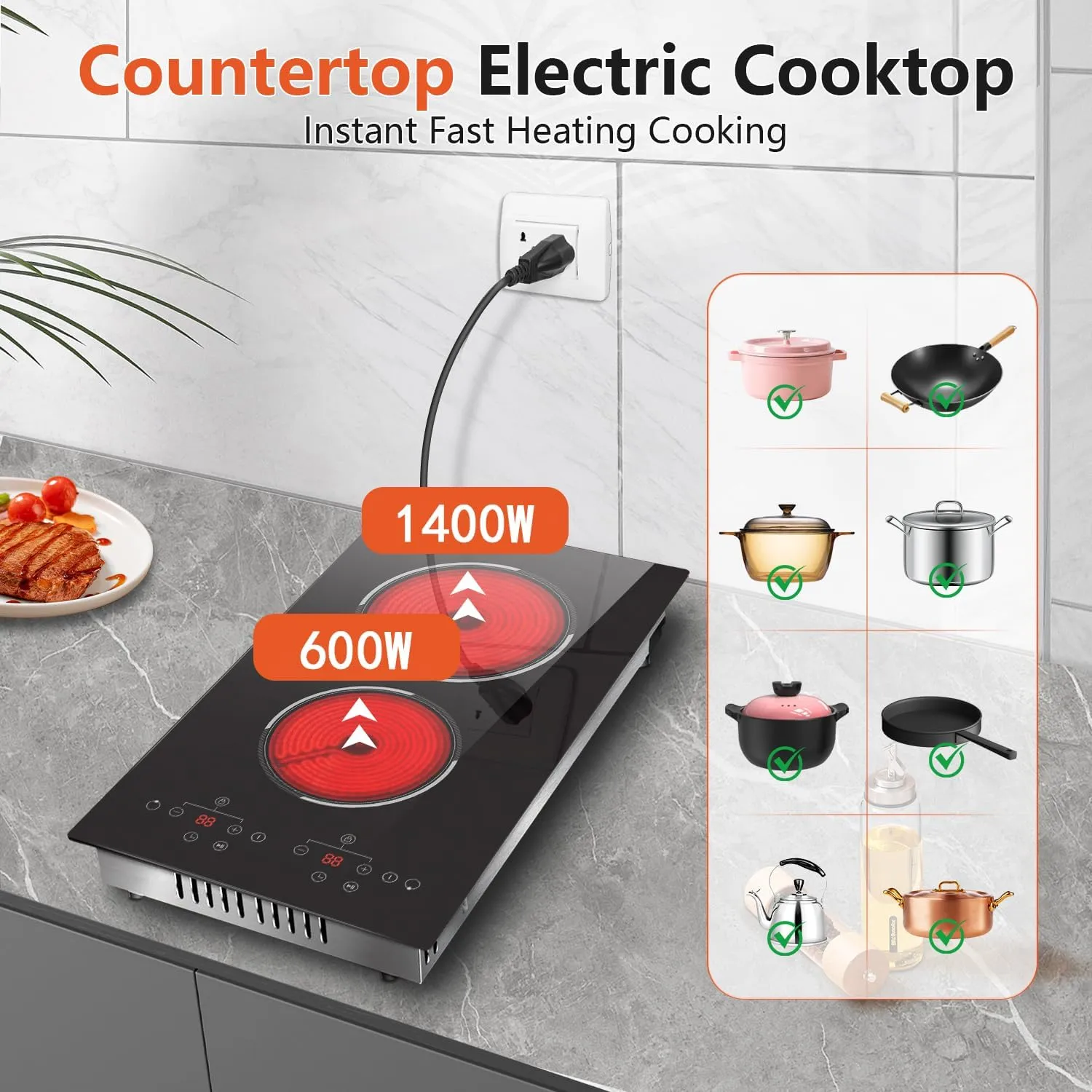 2 Burner Electric Cooktop, 12 Inch Built-in & Countertop Electric Stovetop, Ceramic Cooktop with Touch Control, Child Safety Lock, Timer, Pause Function, 9 Power Levels, 110V - 120V Plug in